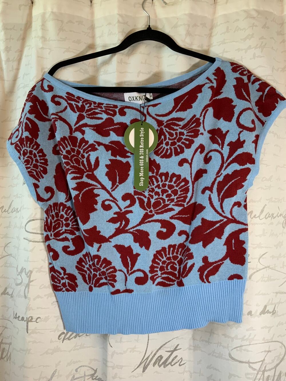 OXKNIT Vintage 70s Style Floral Jacquard Knit M Crewneck Sleeveless Sweater NWT